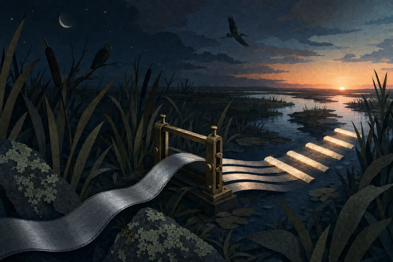 A moonlit wetland where a silver recording tape passes through a brass cutter and becomes small illuminated segments.
